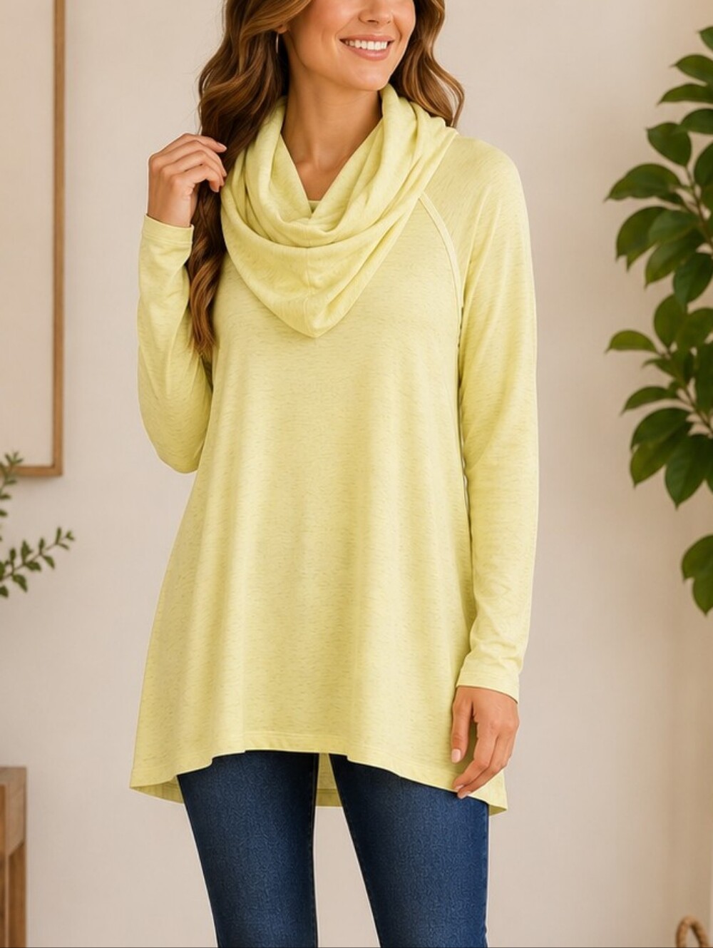 ADORA Pale Yellow Cowl Neck Women's Tunic Top Size Large